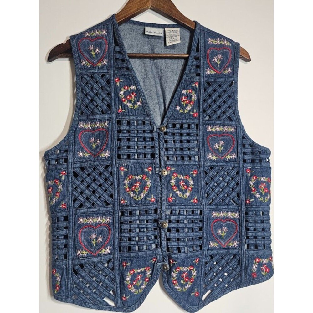 VTG 90s Bobbie Brooks Patchwork Denim Lattice Embroidered Floral Heart Vest Sm